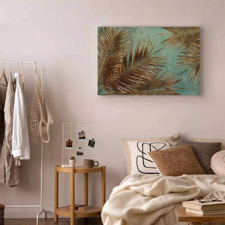 Kanva - Saulainā palma – eksotiskas zelta lapas, tirkīza, zeltā krāsā ART XL