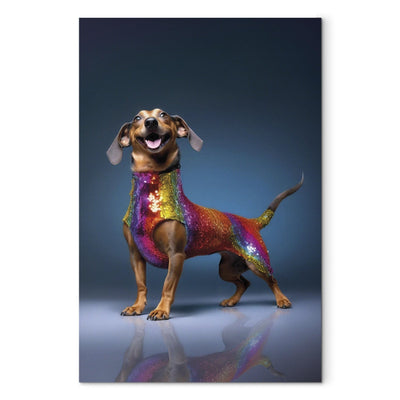 Glezna - Taksis - smaidošs suns krāsainā kostīmā, 150248 🎨🐶 Tapetenshop.lv