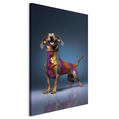 Glezna - Taksis - smaidošs suns krāsainā kostīmā, 150248 🎨🐶 Tapetenshop.lv