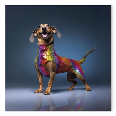 Glezna - Taksis - smaidošs suns krāsainā kostīmā, 150271 🎨🐶 Tapetenshop.lv