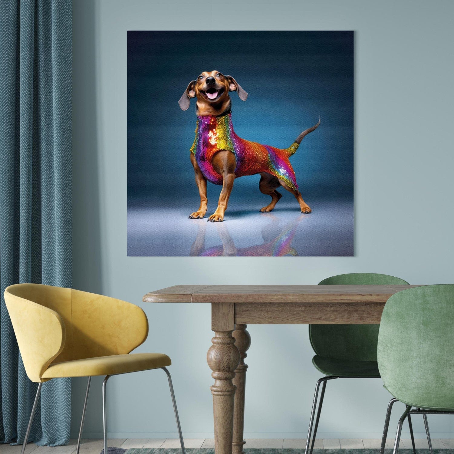 Glezna no AI - Taksis - smaidošs suns krāsainā kostīmā, 150271 🎨🐶 G-ART