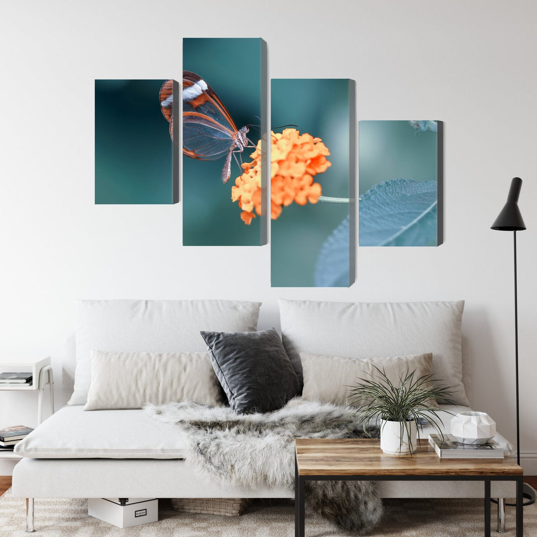 4 daļu kanva: Tauriņš vasaras dārzā, tirkīza X-ART