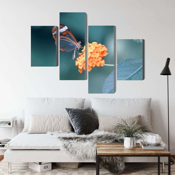 4 daļu kanva: Tauriņš vasaras dārzā, tirkīza X-ART