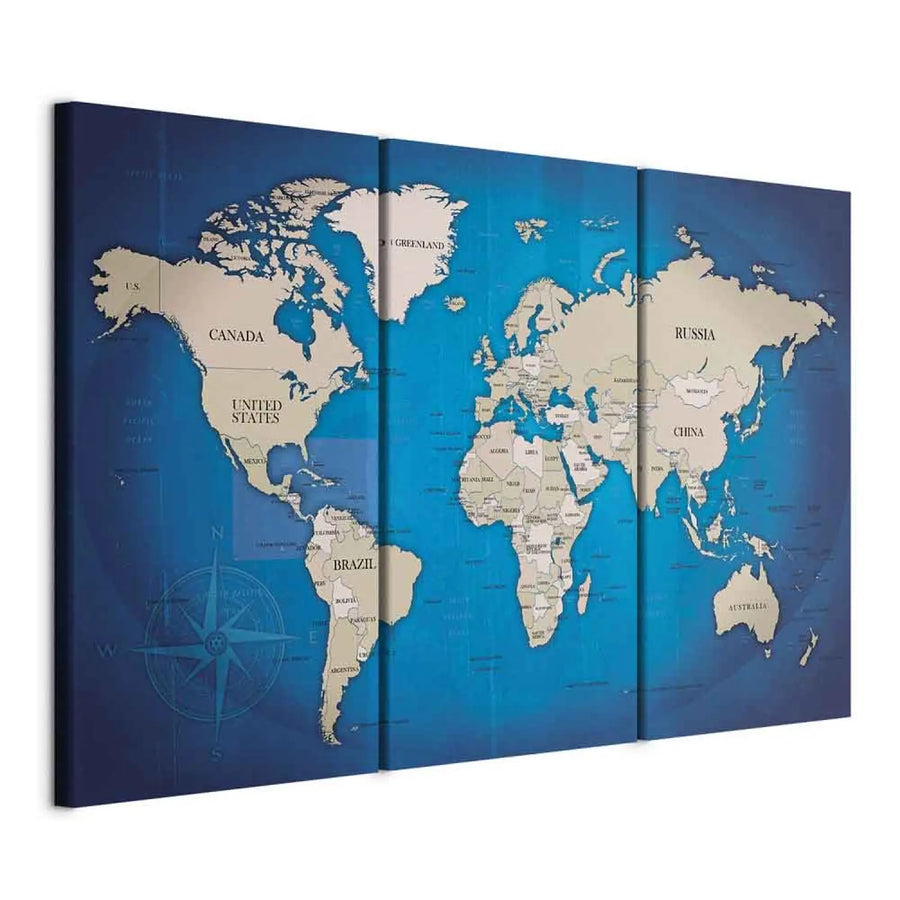 Glezna no 3 daļām ar pasaulesa karti zilā krāsā - Tintes ceļojums ART XL