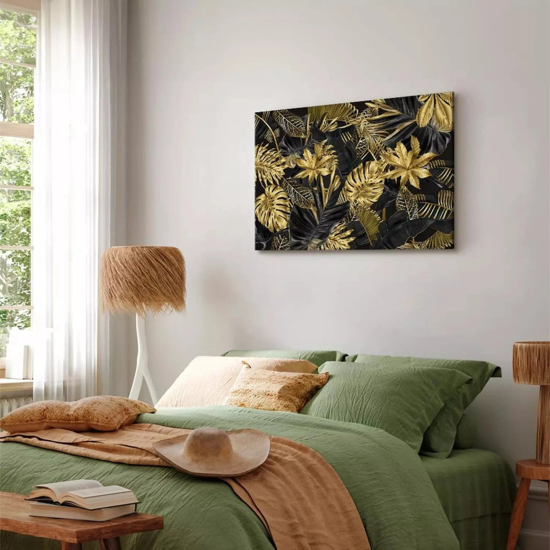 Kanva - Tropu lapas zelta un melnā krāsā - elegantam interjeram ART XL