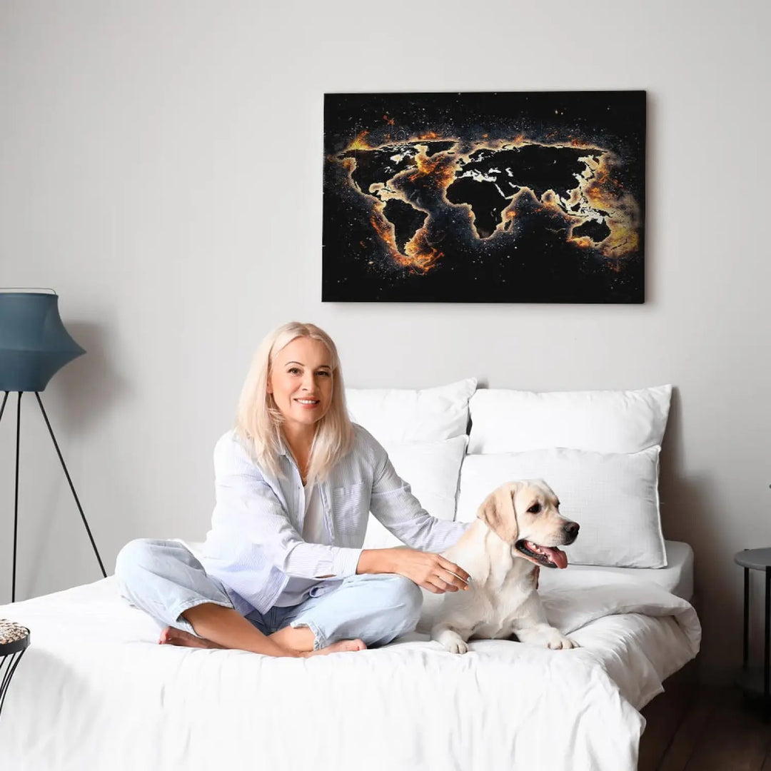 Kanva - Abstrakta pasaules karte melnā krāsā - Ugunīgā pasaule ART XL