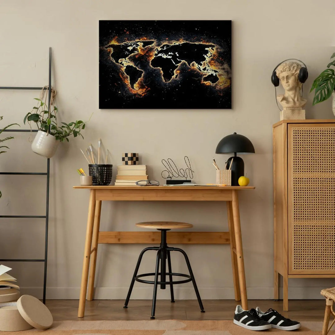 Kanva - Abstrakta pasaules karte melnā krāsā - Ugunīgā pasaule ART XL