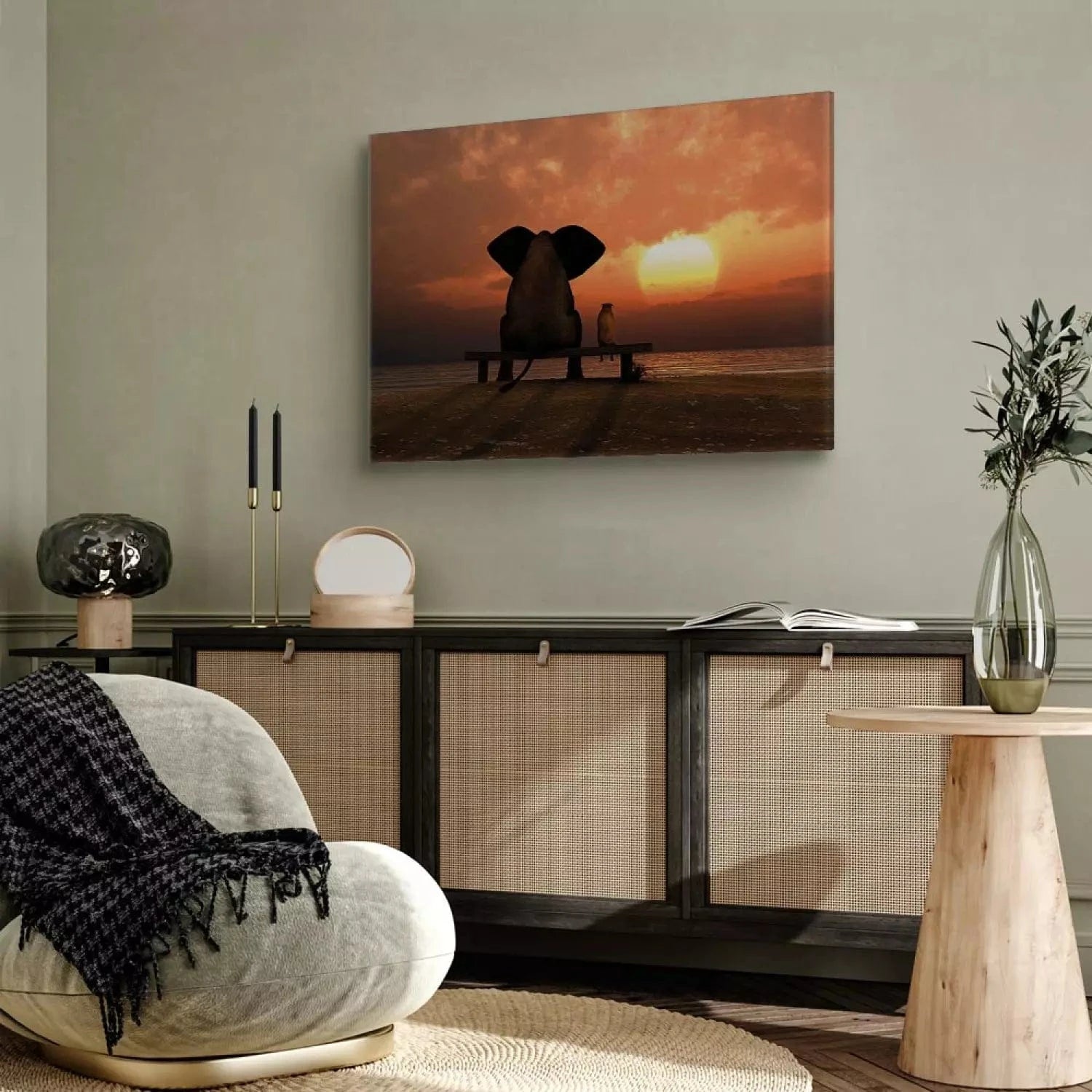 Kanva - Vakaras atpūta, 90502 - zilonis skatās uz saulrietu G-ART