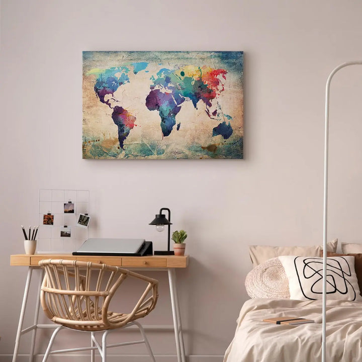 Kanva - Krāsaina abstrakta pasaules karte uz vintāžas bēša fona ART XL