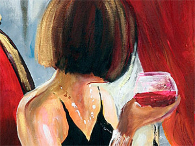 Kanva - Vientuļa sieviete ar sarkanvīna glāzi uz sarkana fona,  41377 G-ART.