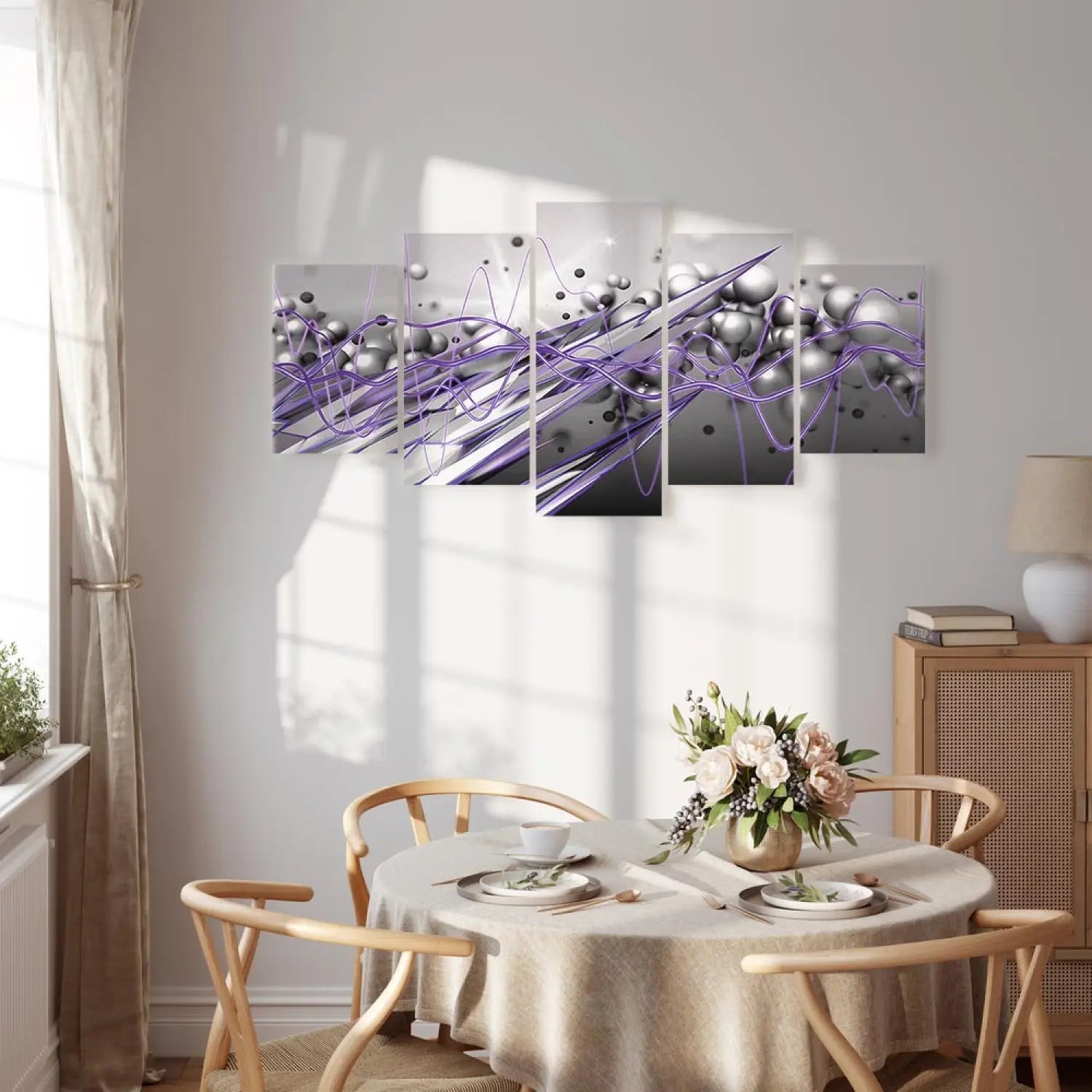 Kanva - violetas linijas un pelēkas sfēras uz dinamiska fona, 91906 ART XL