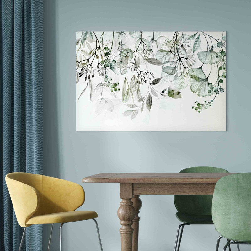 Glezna - Zaļās lapas un ziedi uz gaiša fona, 151421 Tapetenshop.lv