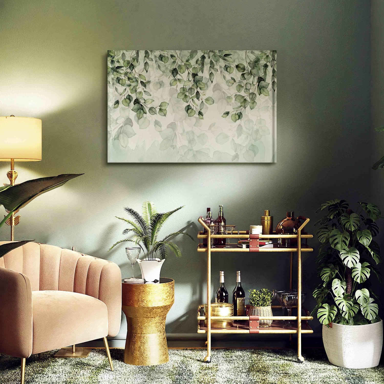 Glezna viesistabai - Zaļas lapas uz balta fona - akvareļu tehnikā G-ART