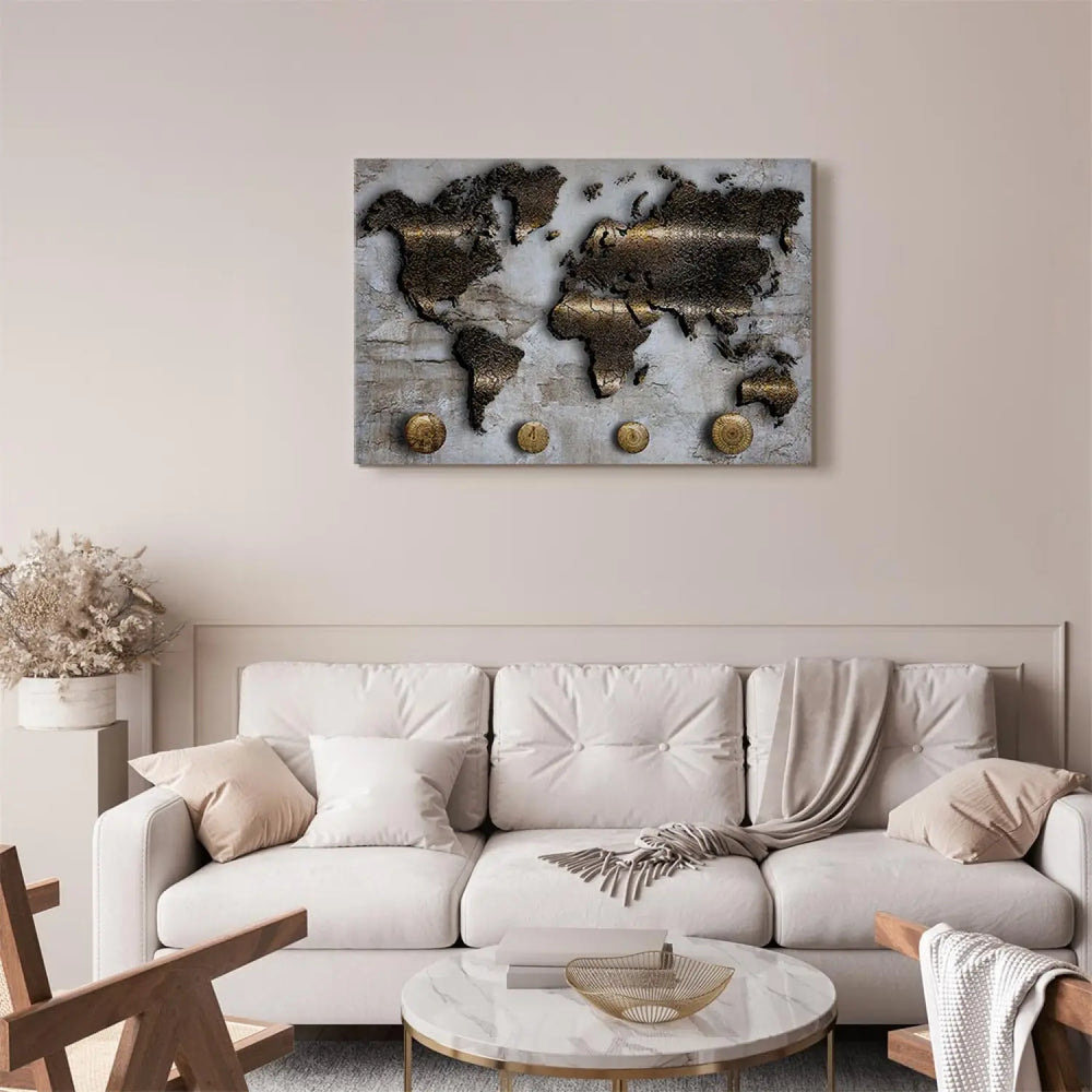 Kanva - Abstrakta zelta pasaules karte uz pelēka fona, 91144 ART XL