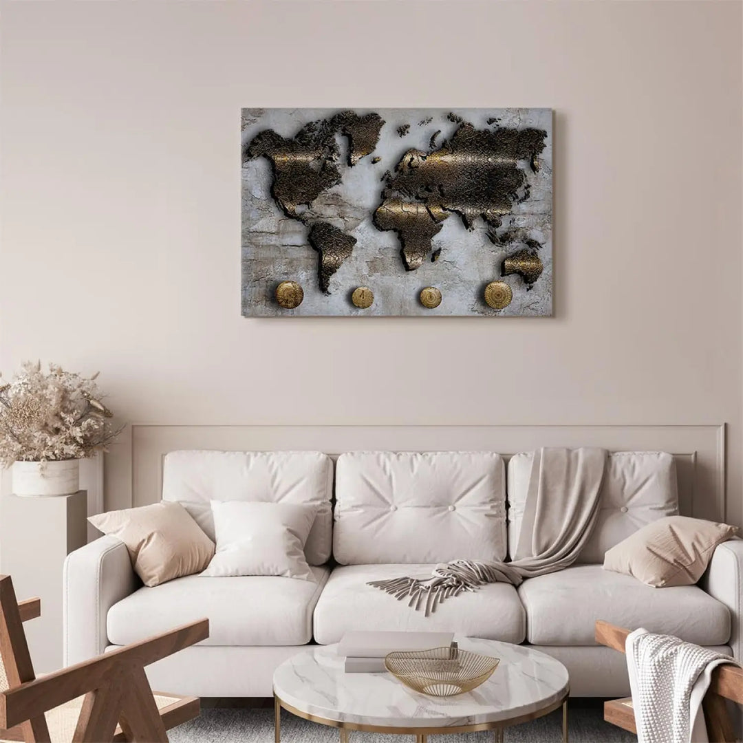 Kanva - Abstrakta zelta pasaules karte uz pelēka fona, 91144 ART XL