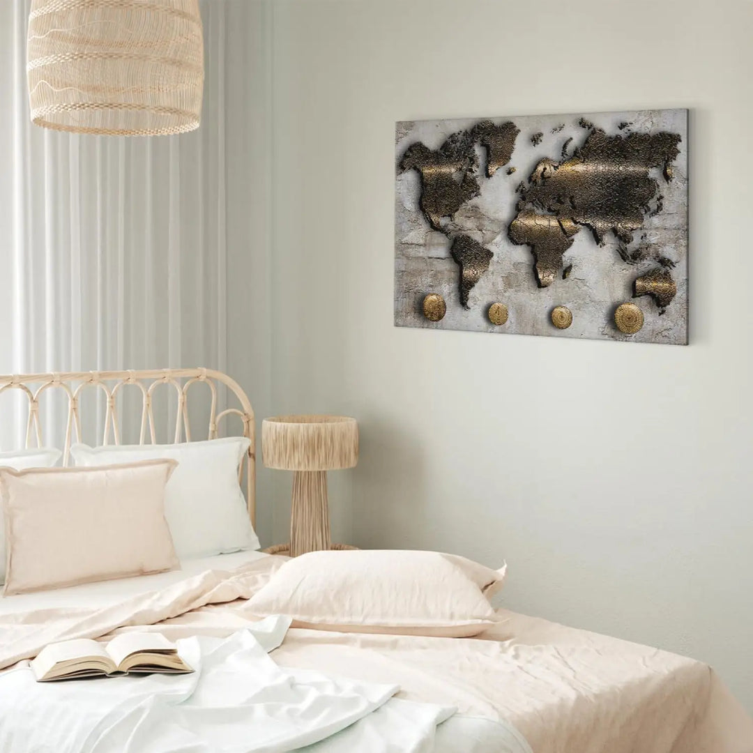 Kanva - Abstrakta zelta pasaules karte uz pelēka fona, 91144 ART XL