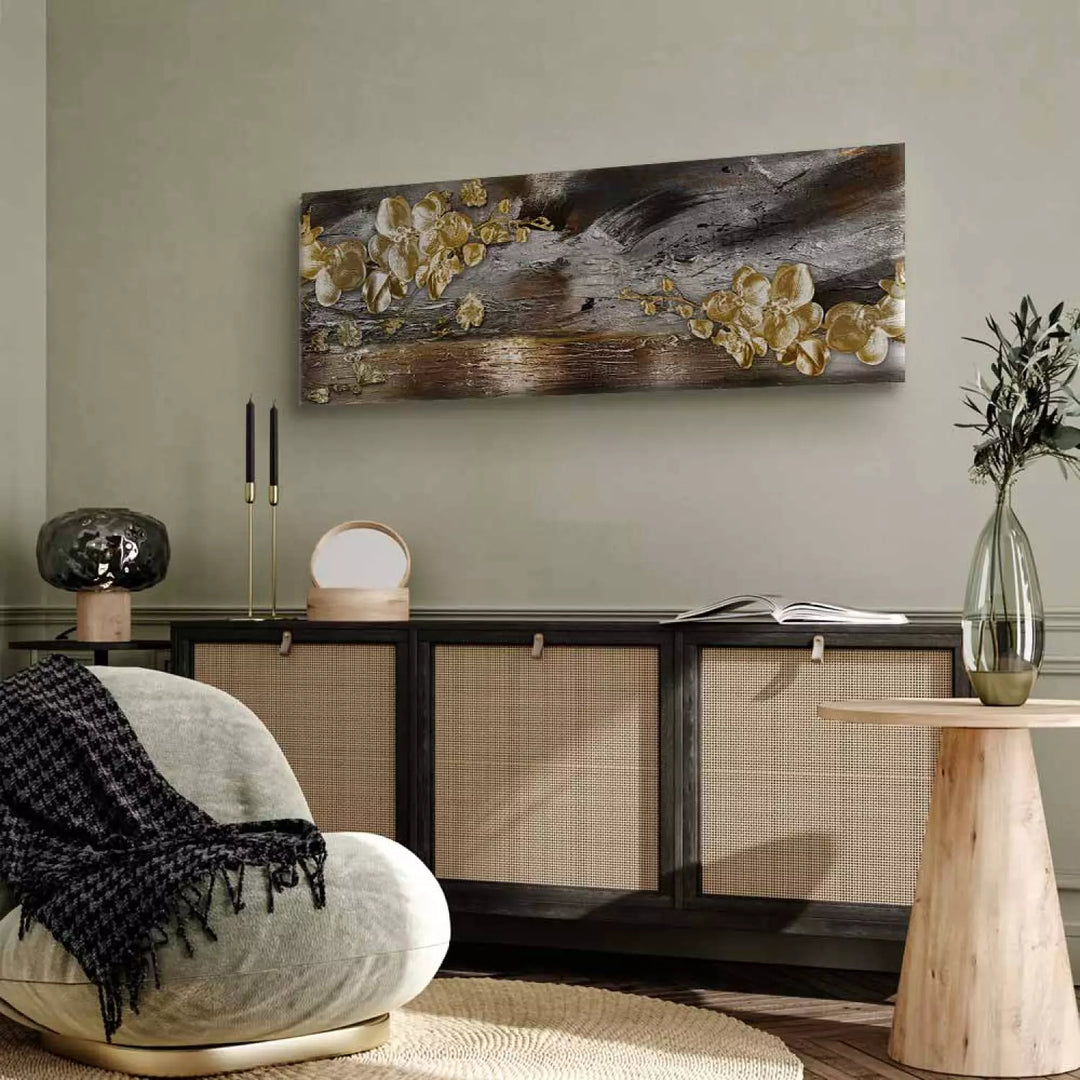 Glezna "Zelta Dārzs" – Zelta Ziedi uz Pelēka Koka Fona ART XL