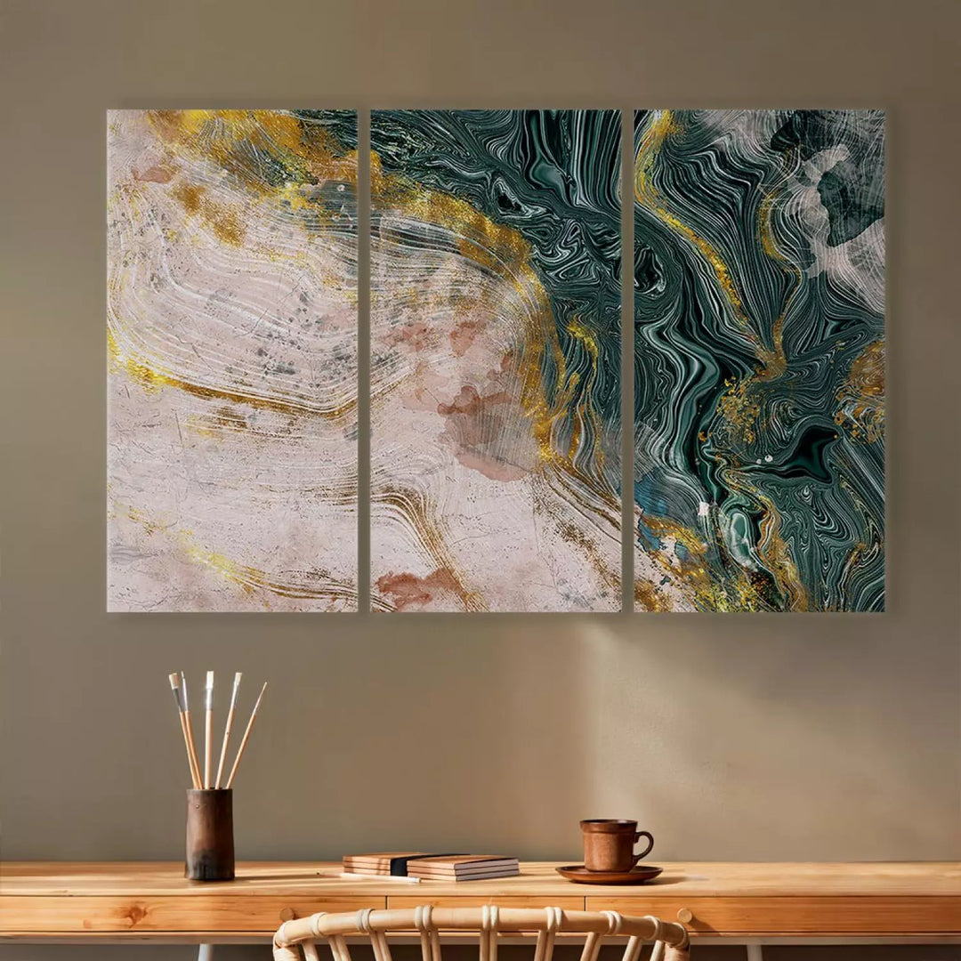 Glezna ar abstrakciju zeltā un malahītā krāsā (3 daļas) ART XL