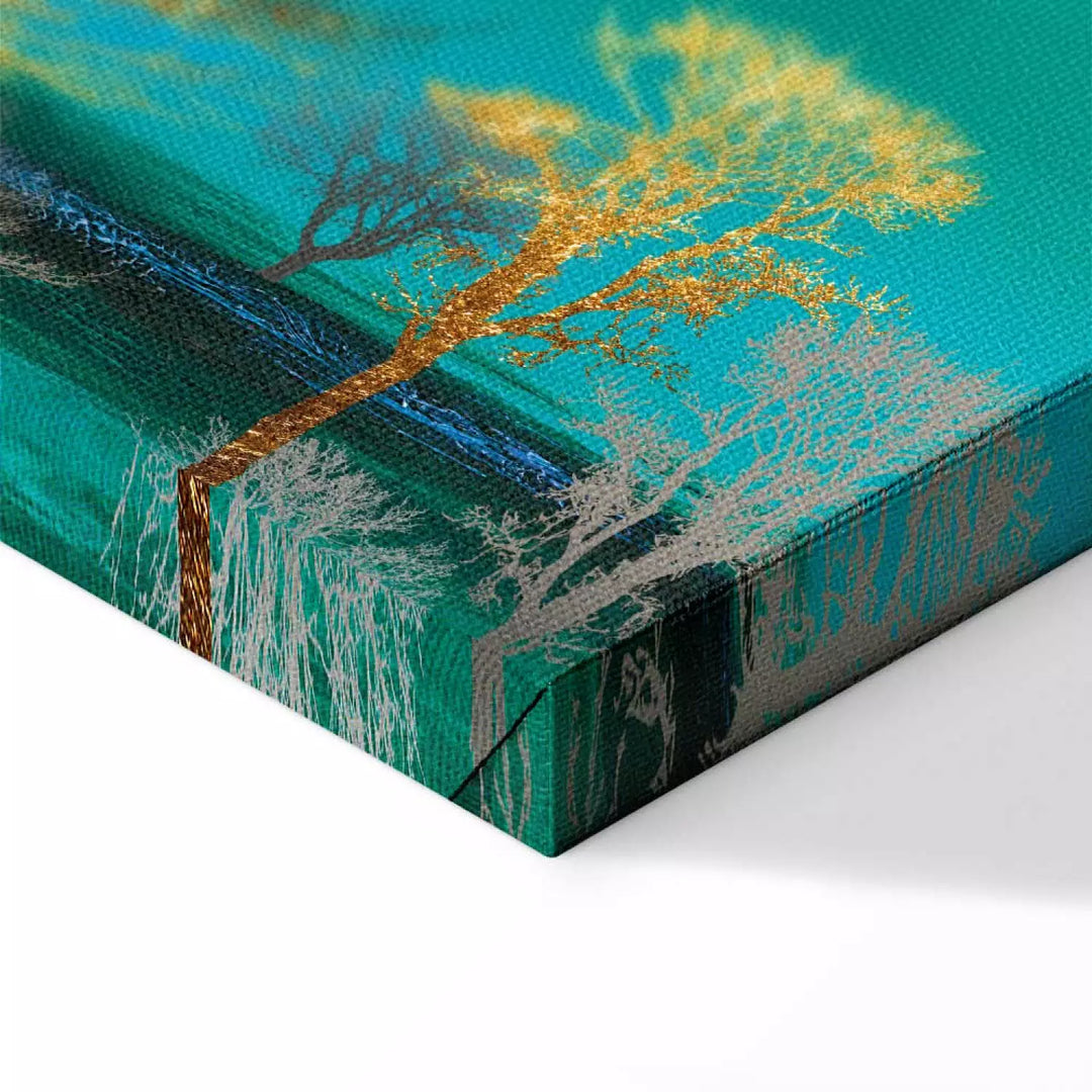 Kanva Zelta Mežs uz Tirkīza Fona – Moderns Dabas Motīvs ART XL