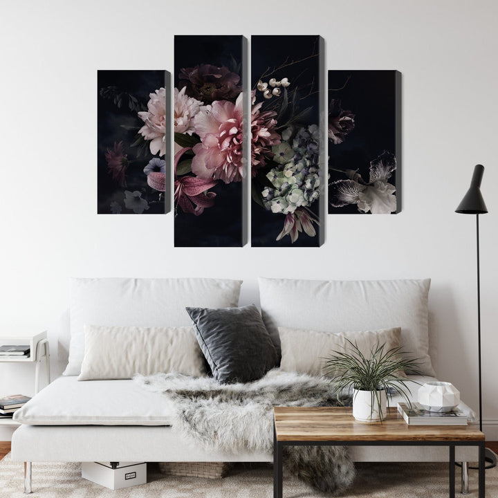 Kanva - Ziedi retro stilā uz tumša fona, N-3986 X-ART