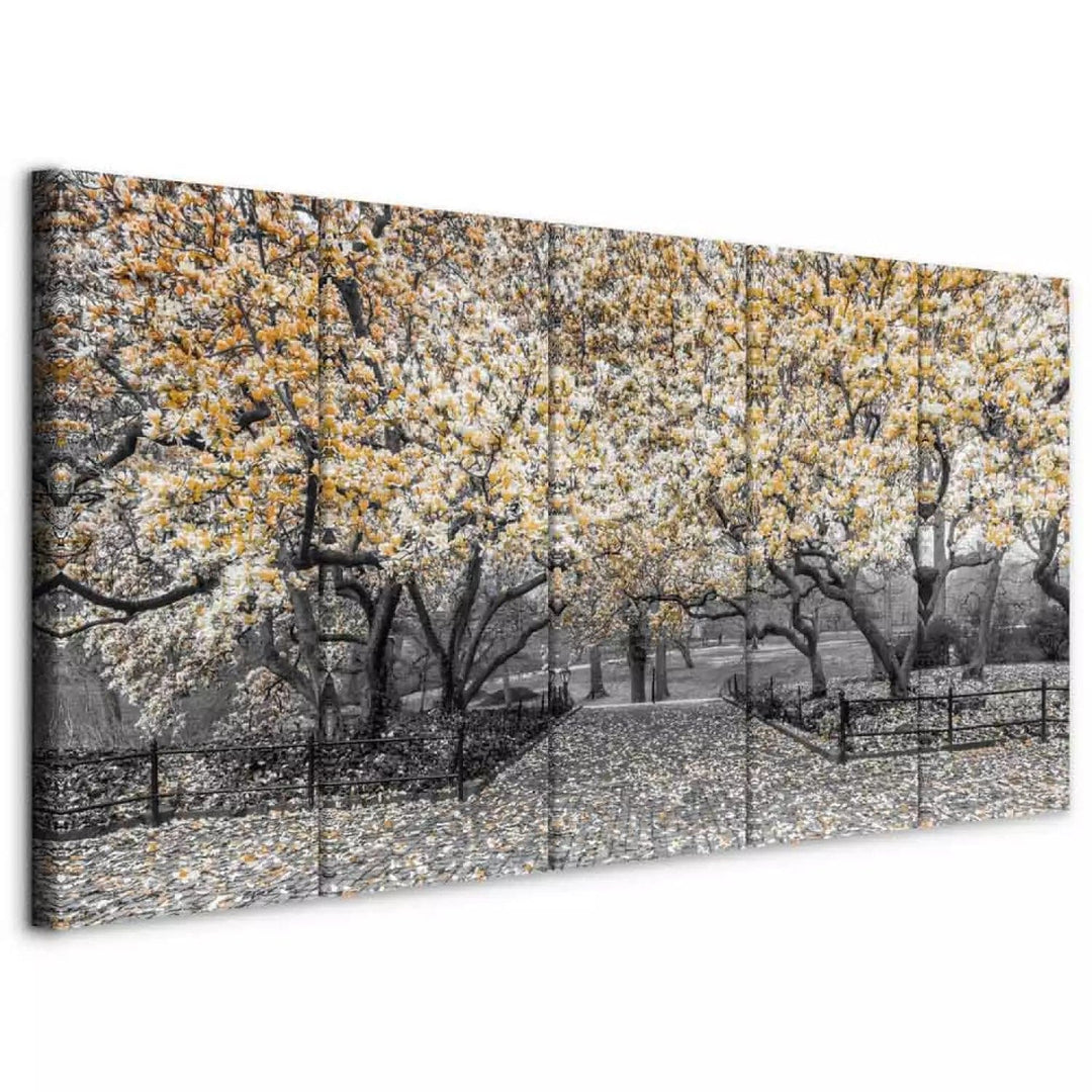 Glezna - melnbalta fotogrāfija ar dzelteniem akcentiem, rudens parks G-ART