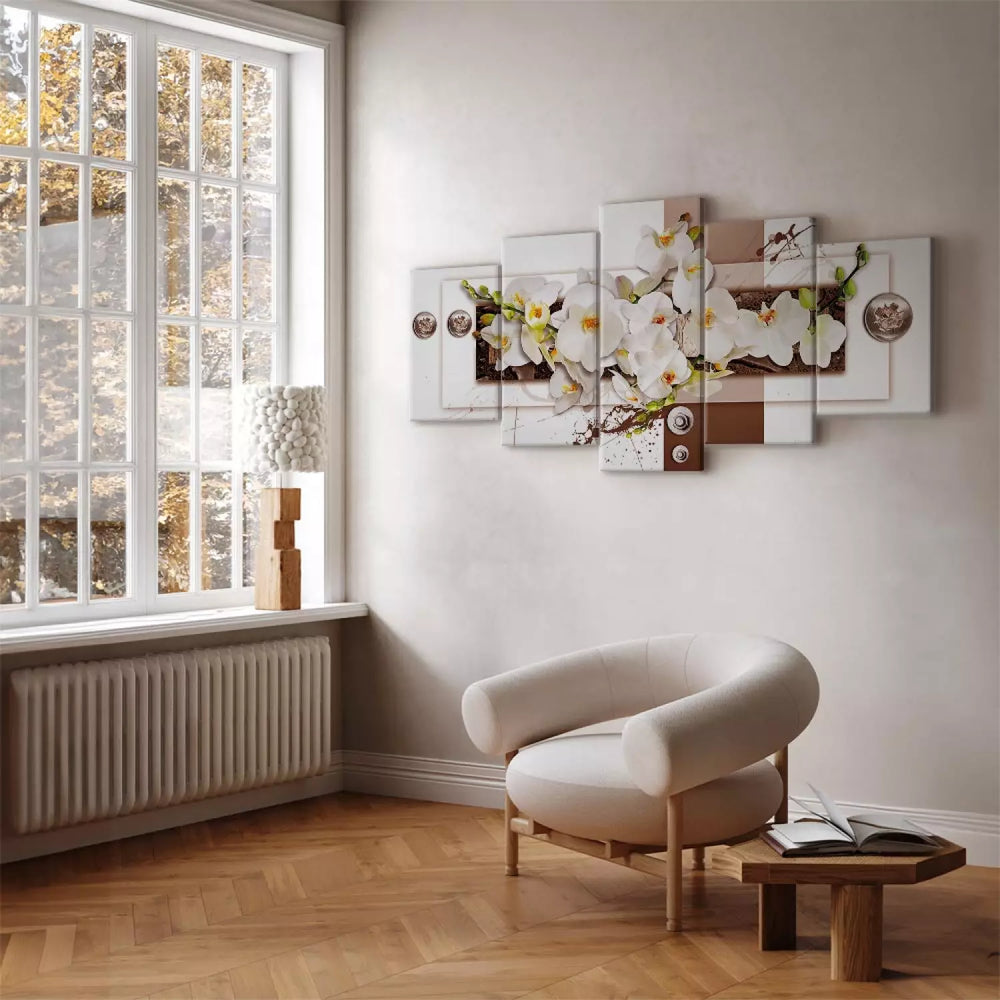 Glezna - Ziedu instalācija (5 daļas) – orhidejas uz ģeometriska fona ART XL