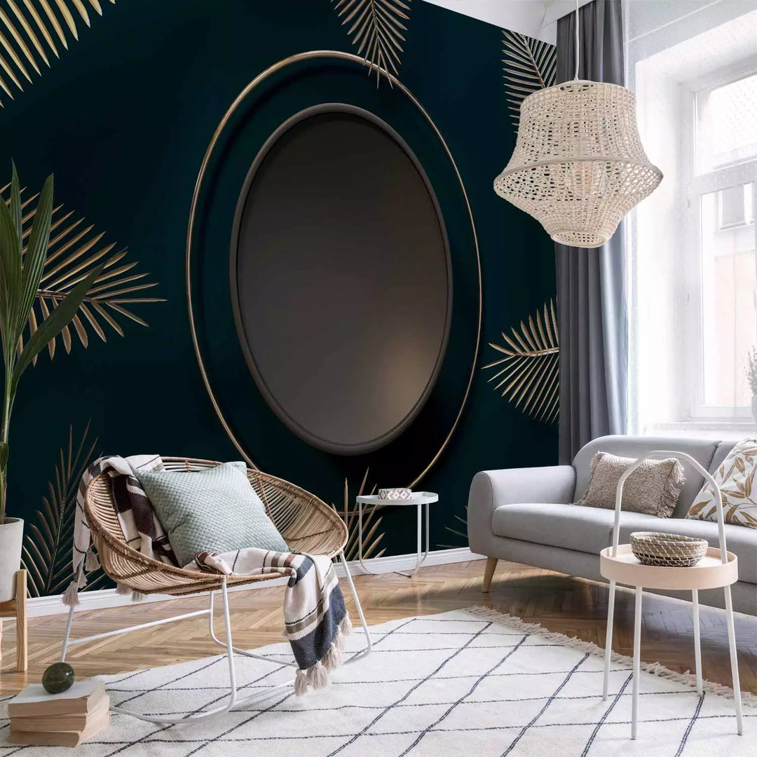 Wall Murals - Circles and palm leaves on a turquoise background, 150889