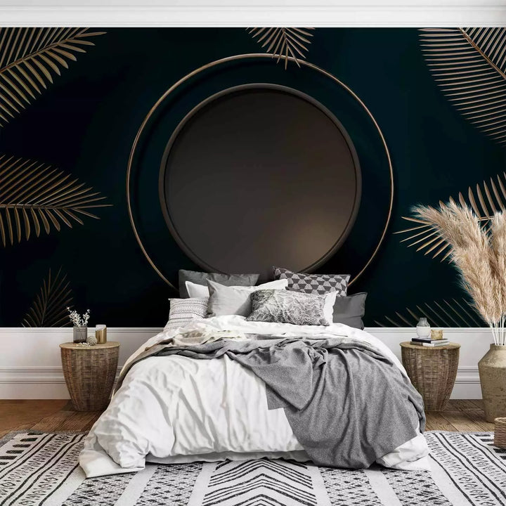 Wall Murals - Circles and palm leaves on a turquoise background, 150889