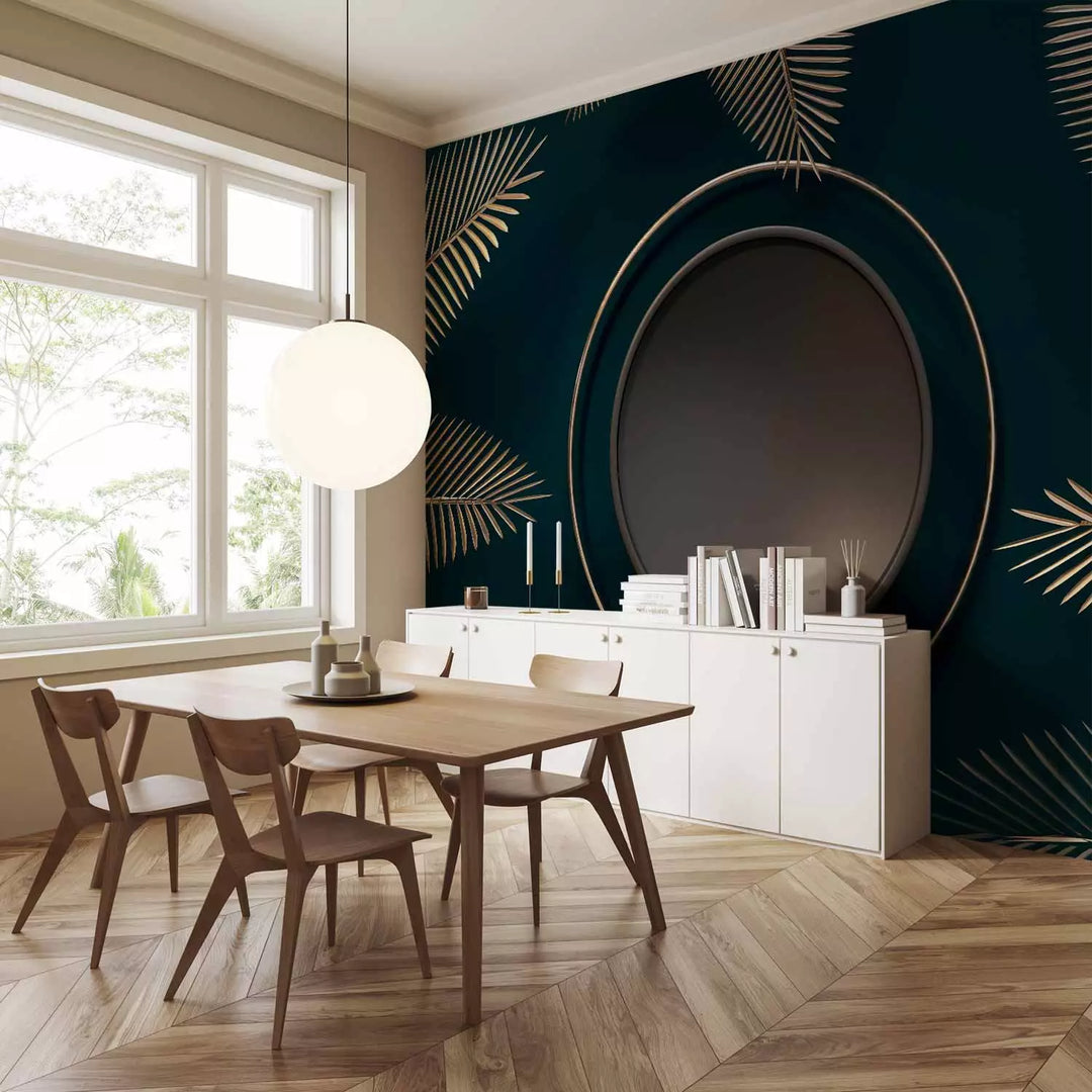 Wall Murals - Circles and palm leaves on a turquoise background, 150889