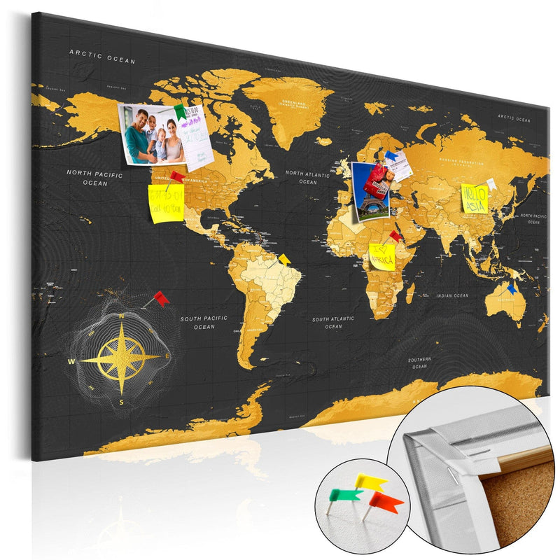 Korķa tāfele ar pasaules karti zeltā krāsā uz melna fona - Zelta pasaule, 95920 Tapetenshop.lv