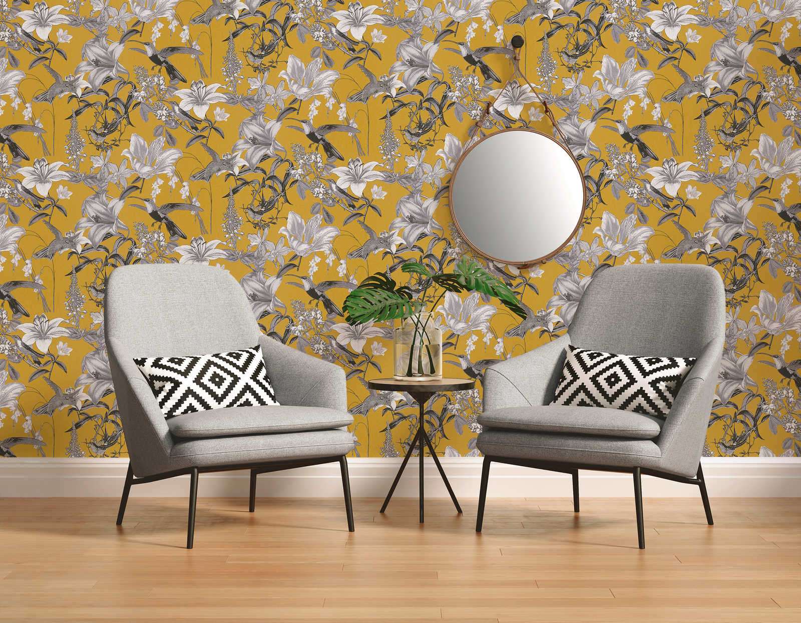 Krāsainas tapetes ar ziediem kolibri - dzeltena, pelēka AS 377013 AS Creation