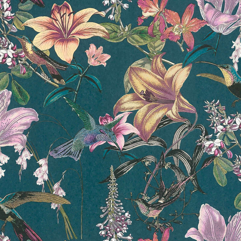 Krāsainas ziedu tapetes ar kolibri dizainu - zaļas, 1340264 AS Creation