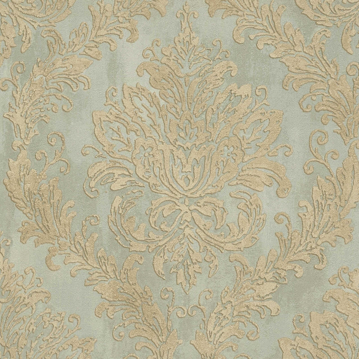 Light greenish wallpaper with a golden damask ornament, close-up