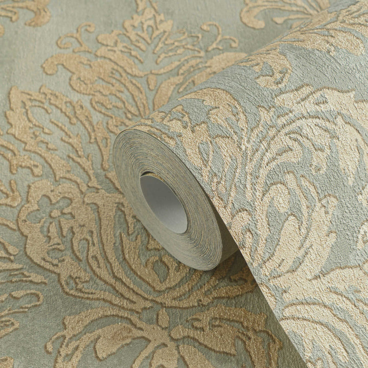 Soft greenish non-woven wallpaper with a golden damask pattern and slight gloss, 3007734