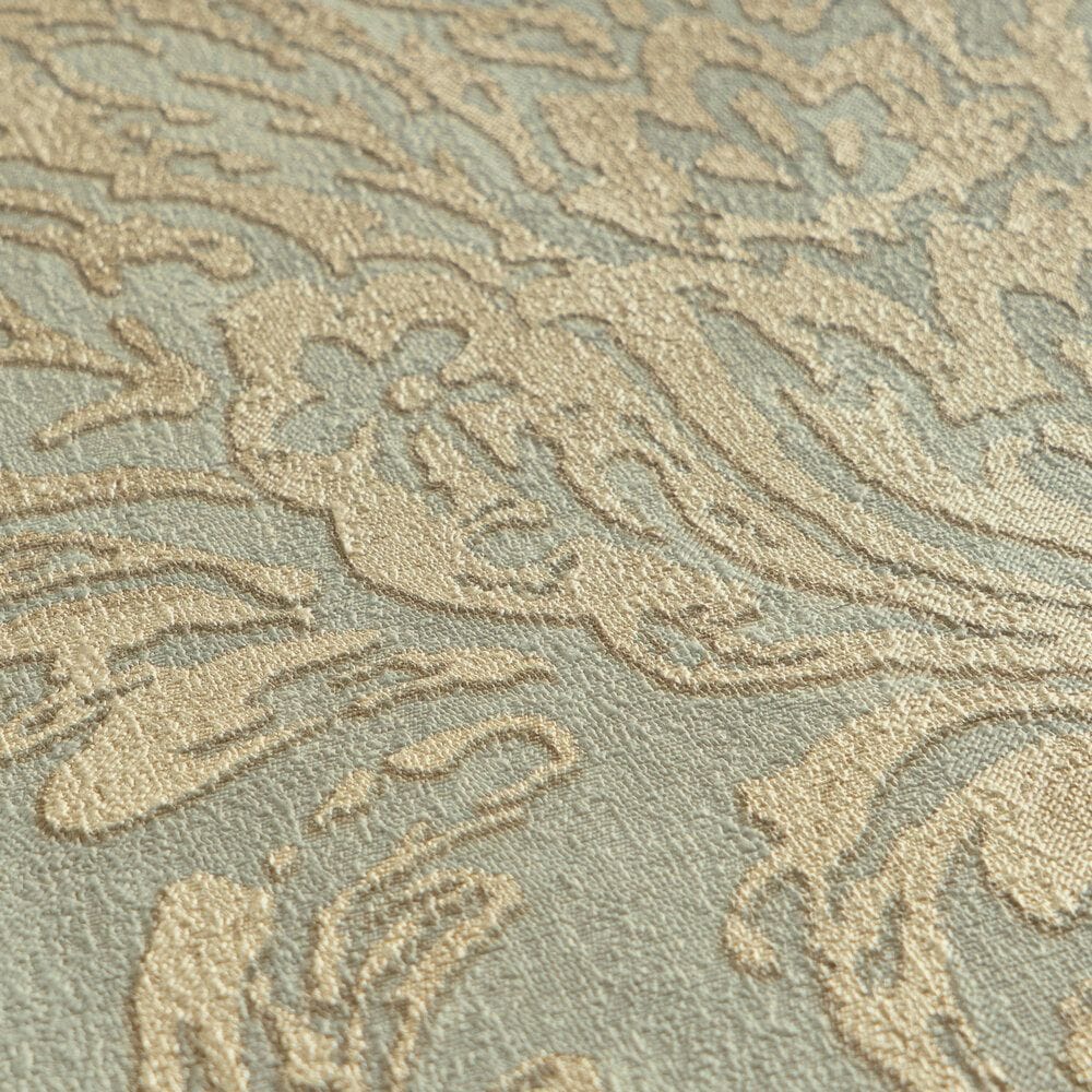Soft greenish non-woven wallpaper with a golden damask pattern and slight gloss, 3007734