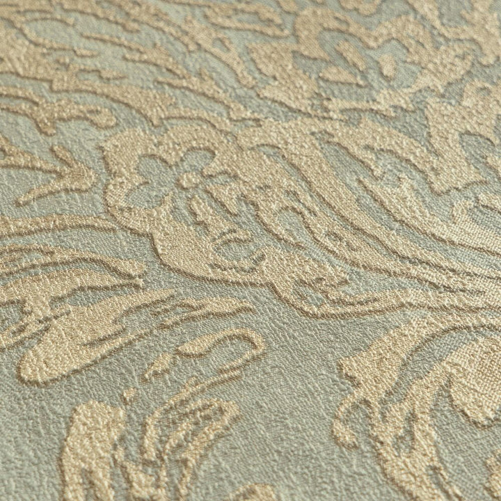 Soft greenish non-woven wallpaper with a golden damask pattern and slight gloss, 3007734