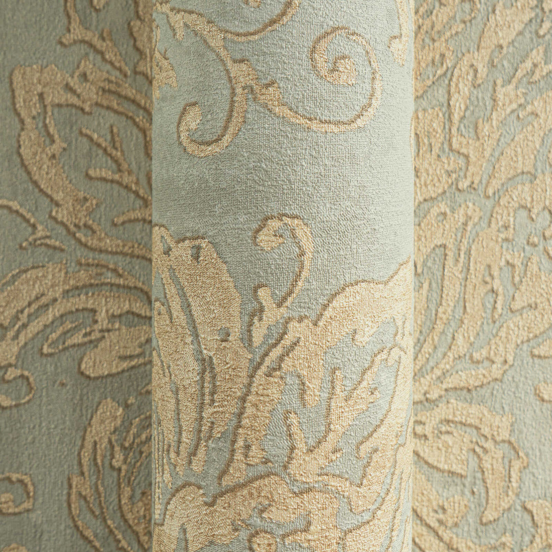 Soft greenish non-woven wallpaper with a golden damask pattern and slight gloss, 3007734