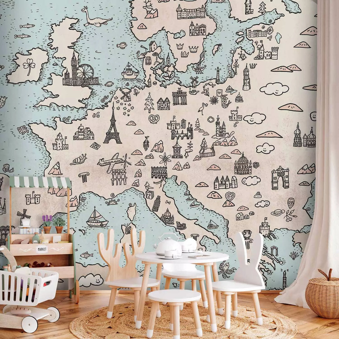 Valokuvatapetti - Euroopan kartta lapsille - nähtävyydet ja matkailukohteet, 149217