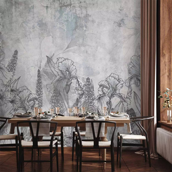 Valokuvatapetti - Iiris muiden kukkien joukossa kivitaustalla, 151289