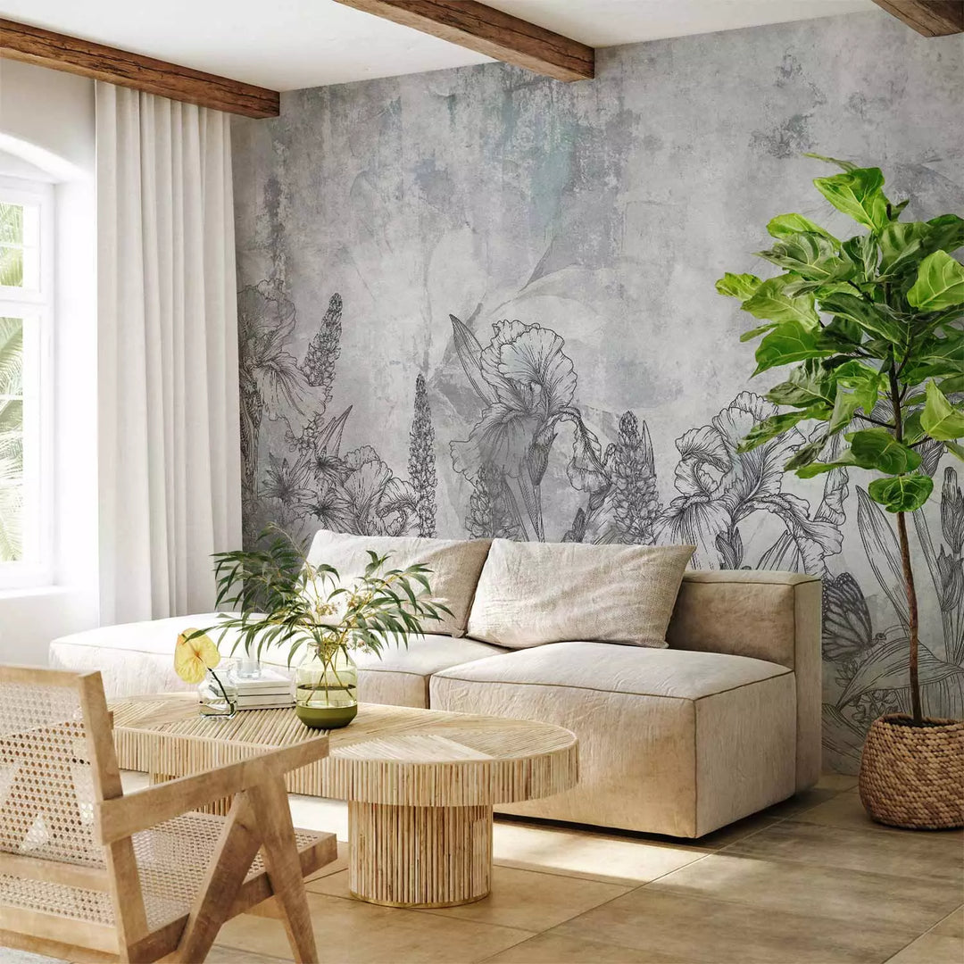 Valokuvatapetti - Iiris muiden kukkien joukossa kivitaustalla, 151289