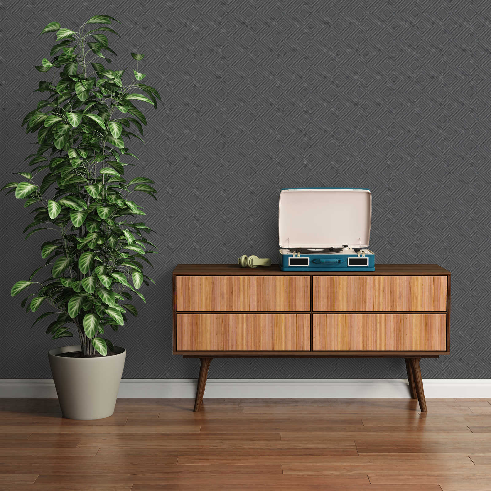 377581 Melnas tapetes ar ģeometrisku rakstu, metālisku spīdumu 377581 Tapetenshop.lv