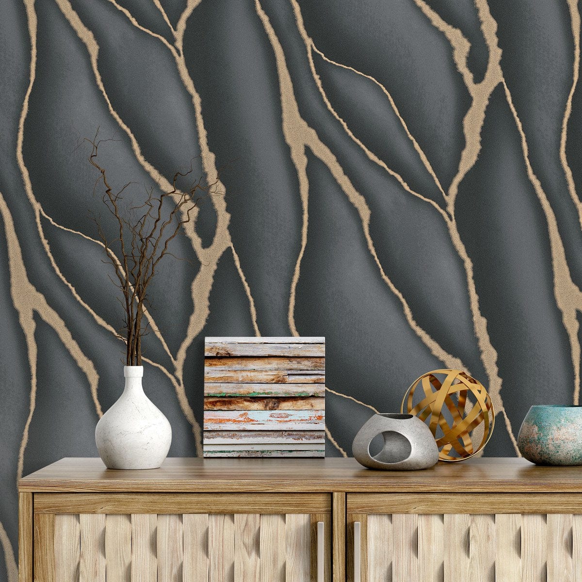 Modernas tapetes ar lielu marmora rakstu melnā/zeltā krāsā - 3744423 Erismann