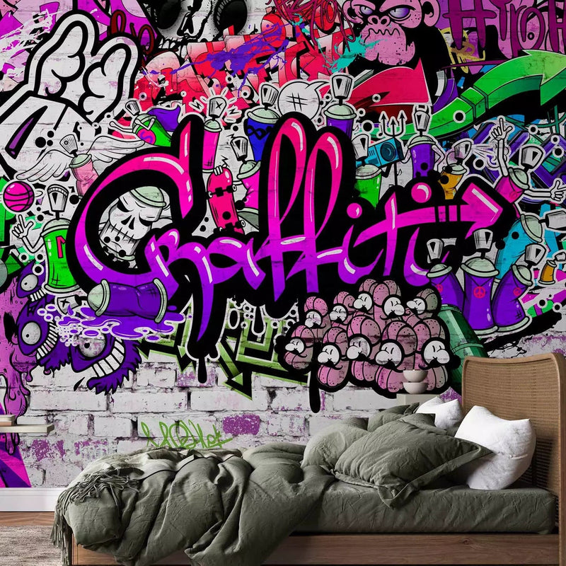 Wall Murals - graffiti on a colored background on a white brick wall G-art