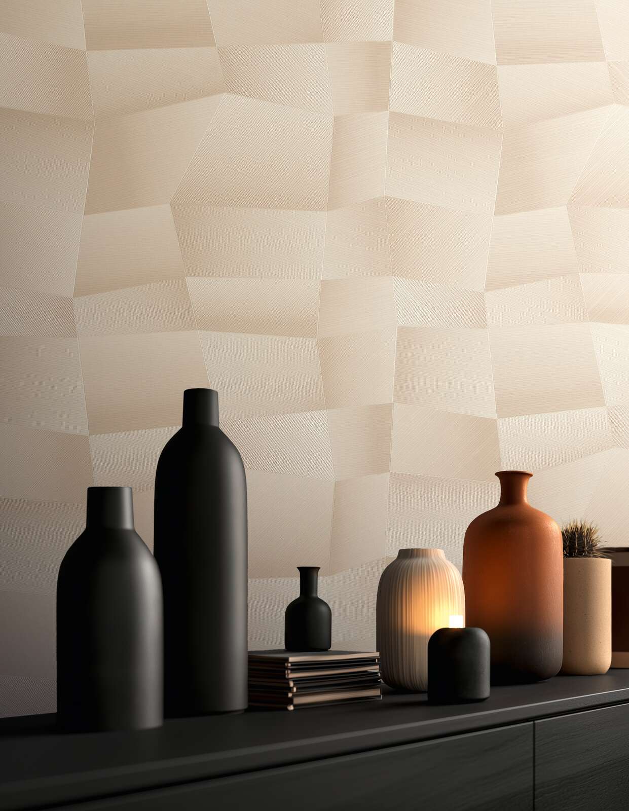 Beige modern wallpaper with geometric 3D texture for a bright living room. SKU: 3012646, AS Creation.