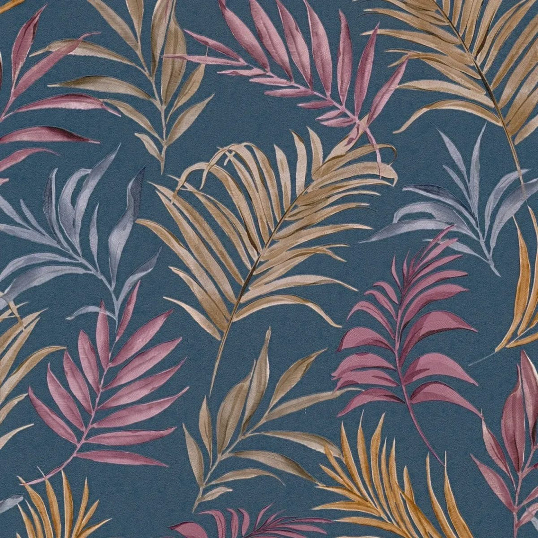 Neaustas tapetes ar delikātu tropu motīvu uz tumši zila | nedaudz spīdīgas lapas | 3011055 AS Creation