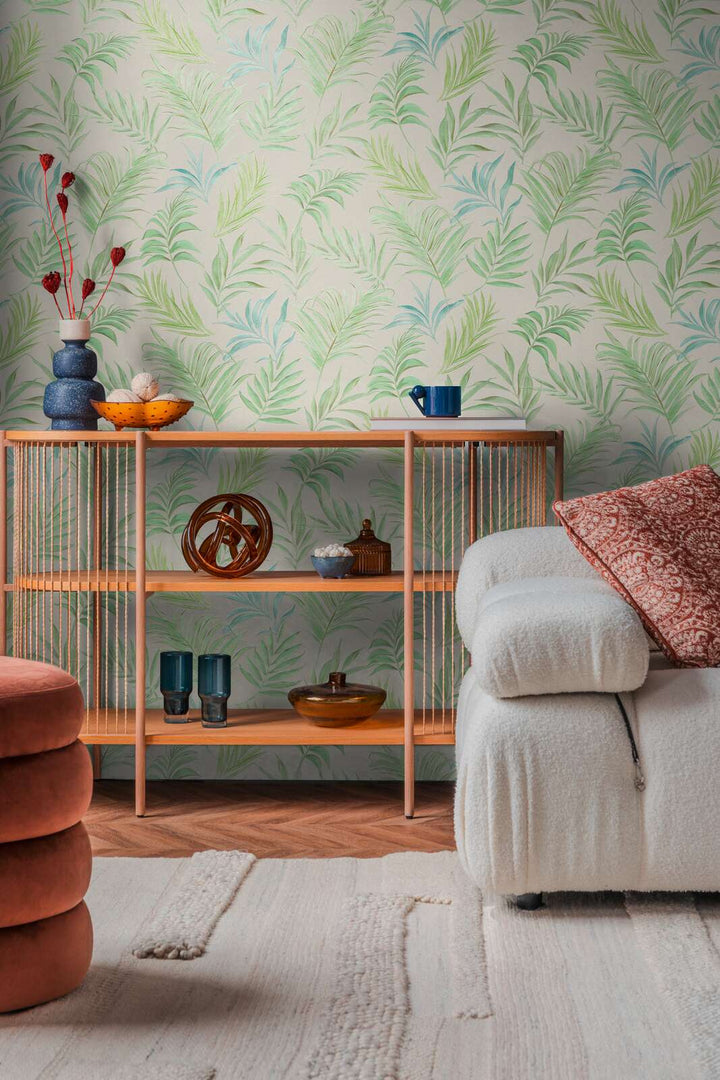 Neaustas tapetes ar delikātu tropu motīvu| zaļa, balta | nedaudz spīdīgas lapas | 3011054 AS Creation