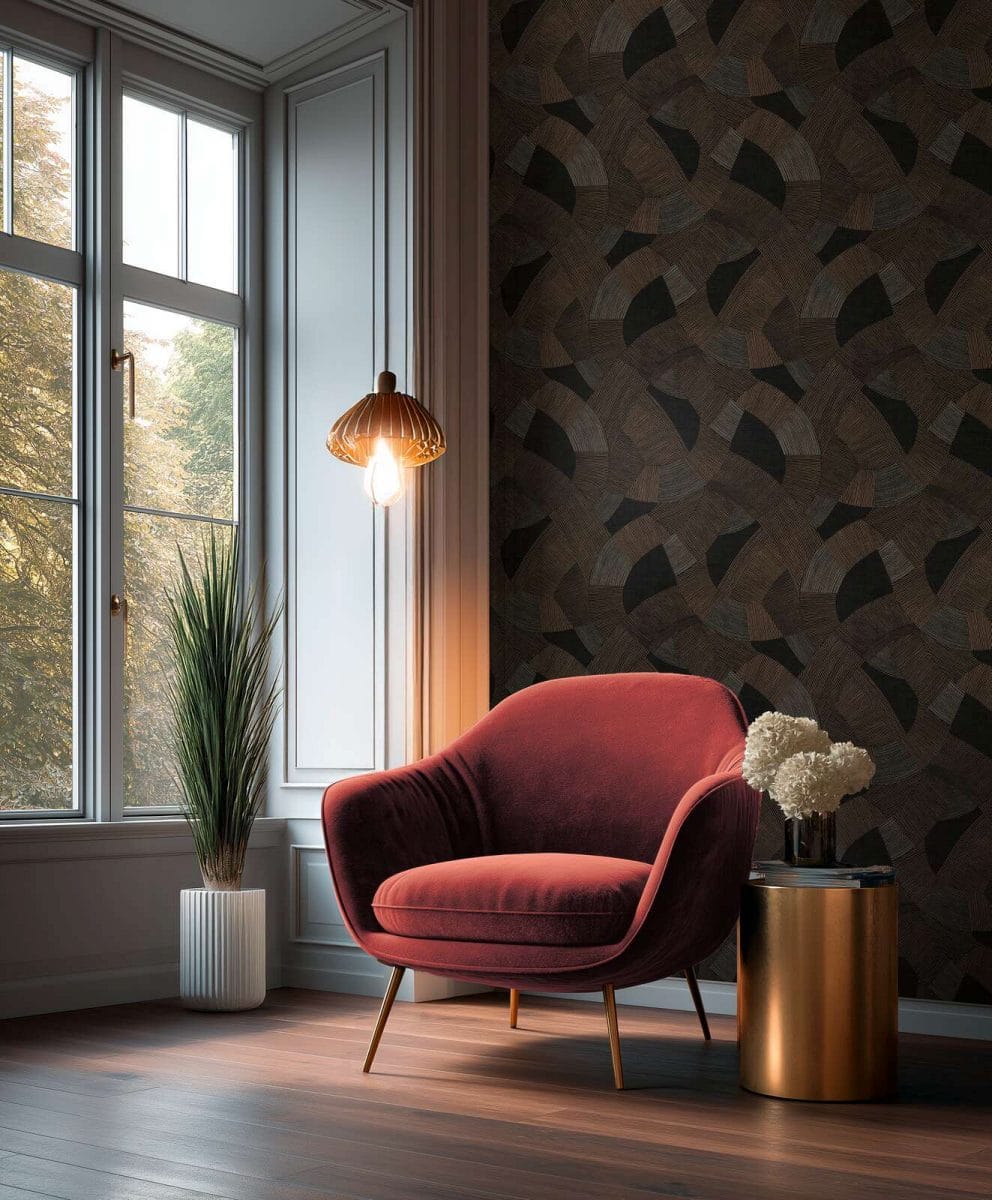 Black and brown wallpaper with a stylised geometric pattern in a bold living room design. SKU: 3012065, AS Creation.