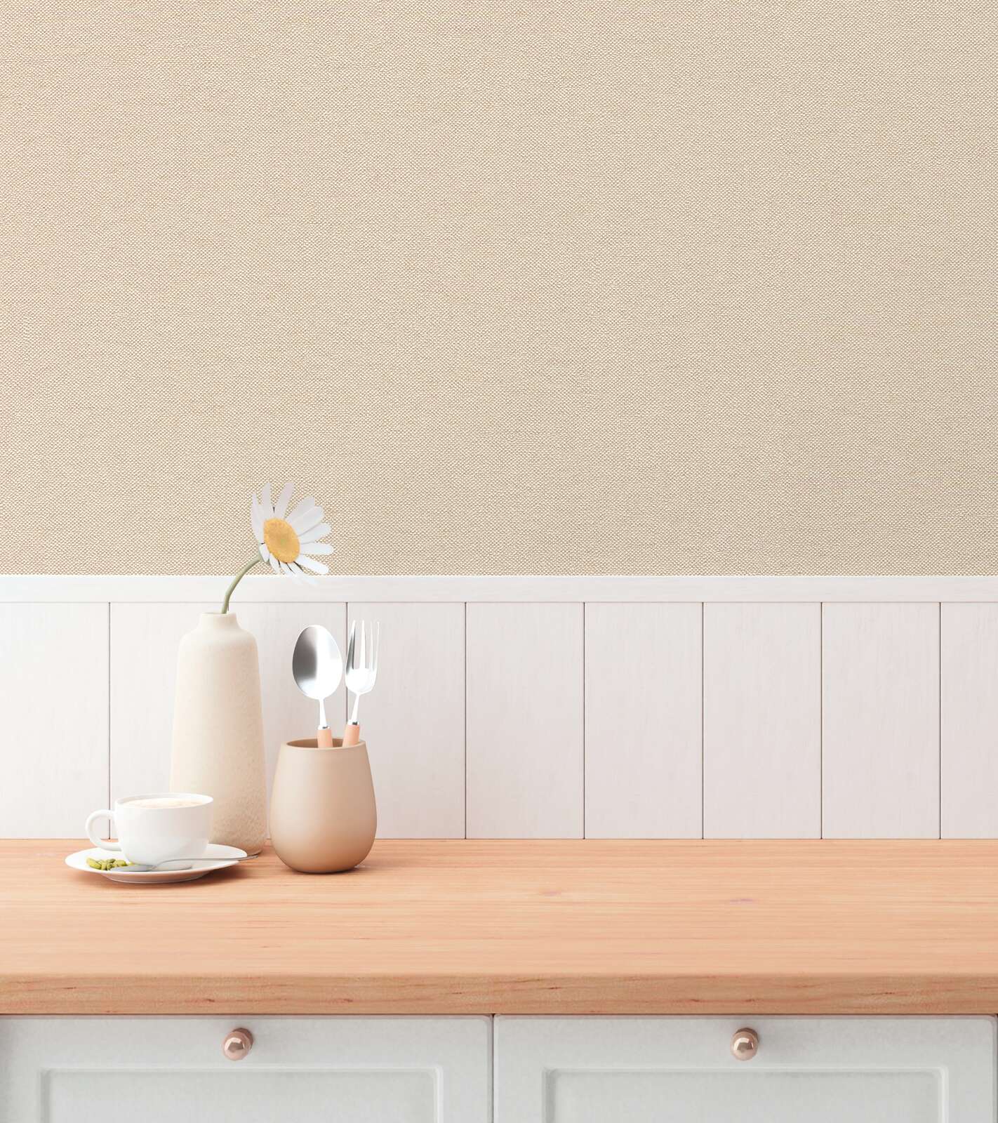 Beige non-woven wallpaper with textile-like surface for a classic living room interior. SKU: 3010710, AS Creation.
