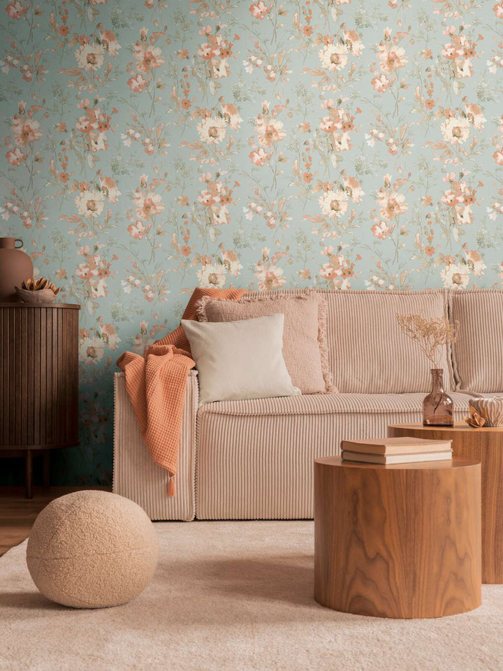 Neaustas tapetes ar vieglu spīdumu un rotaļīgu ziedu rakstu zaļgani zilā krāsā | 3010130 AS Creation