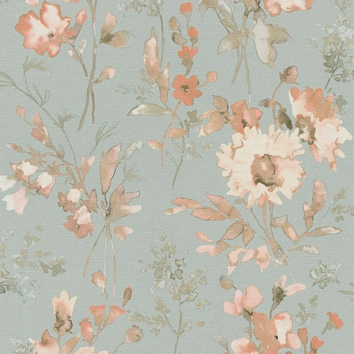 Neaustas tapetes ar vieglu spīdumu un rotaļīgu ziedu rakstu zaļgani zilā krāsā | 3010130 AS Creation